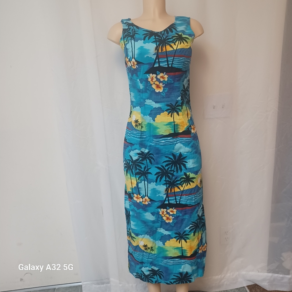 Vintage Aloha Republic SZ M Tropical Blue Sleeveless Dress Made Hawaii Summer - Picture 3 of 15
